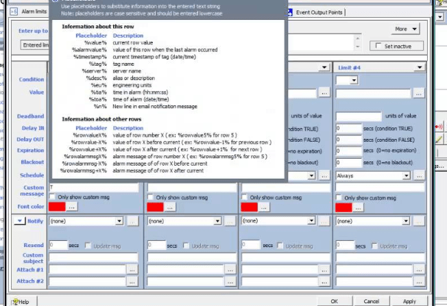 Software Interface Displaying Alarm Limit Settings with Placeholder Information Pop-up Showing Variables and Descriptions