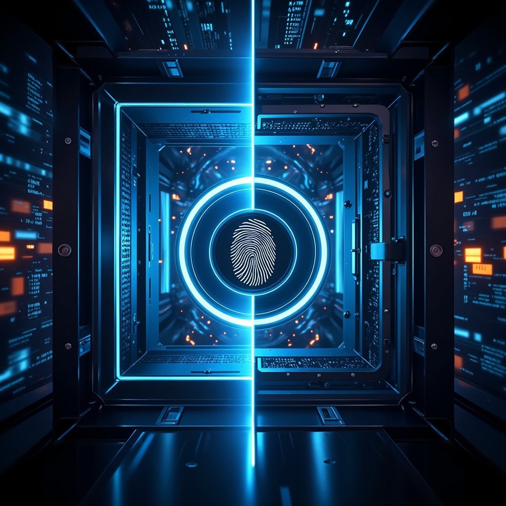 Digital Cybersecurity Concept Showing a Blue Illuminated Fingerprint Scanner