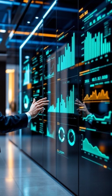 Hand Interacting with A Digital Dashboard Displaying Multiple Data Visualizations