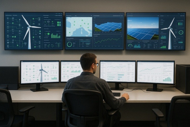 Male Operator Monitoring Renewable Energy Systems on Multiple Screens Displaying Wind Turbine