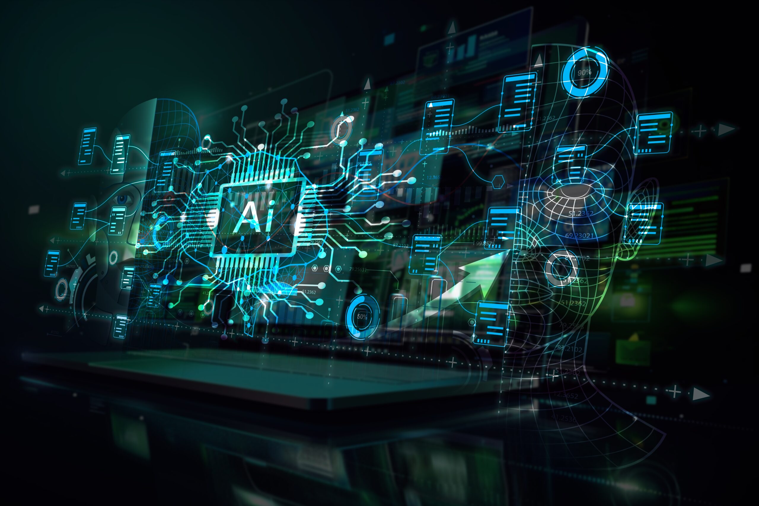 AI, Big Data, and Business Analytics Icons Represent the Integration of Advanced Technology in Analyzing Graphs